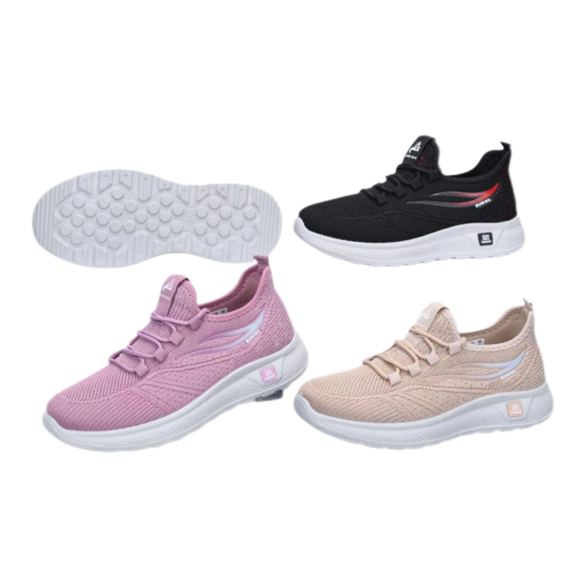 mesh knit sports sneakers with red accents and a white sole for everyday walking.