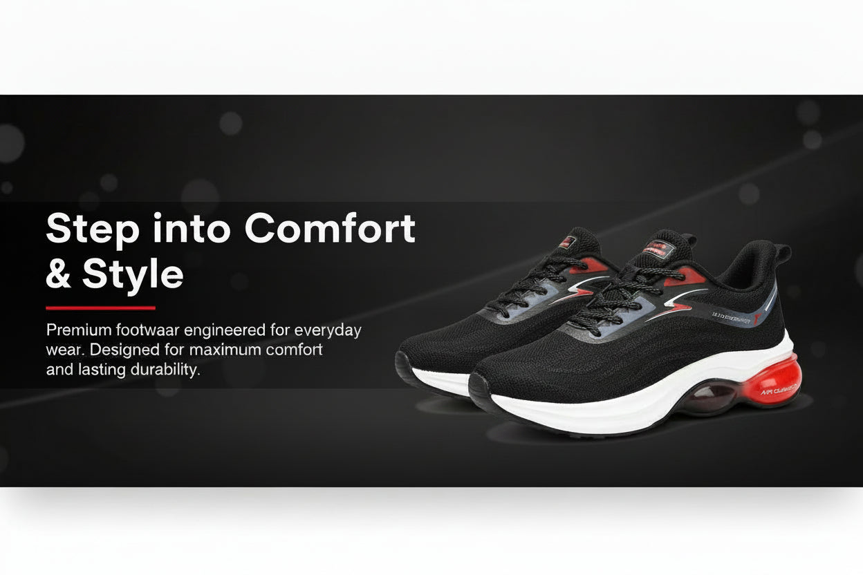 Black running shoes with red and grey accents featuring a breathable mesh upper and a thick white air-cushioned sole.