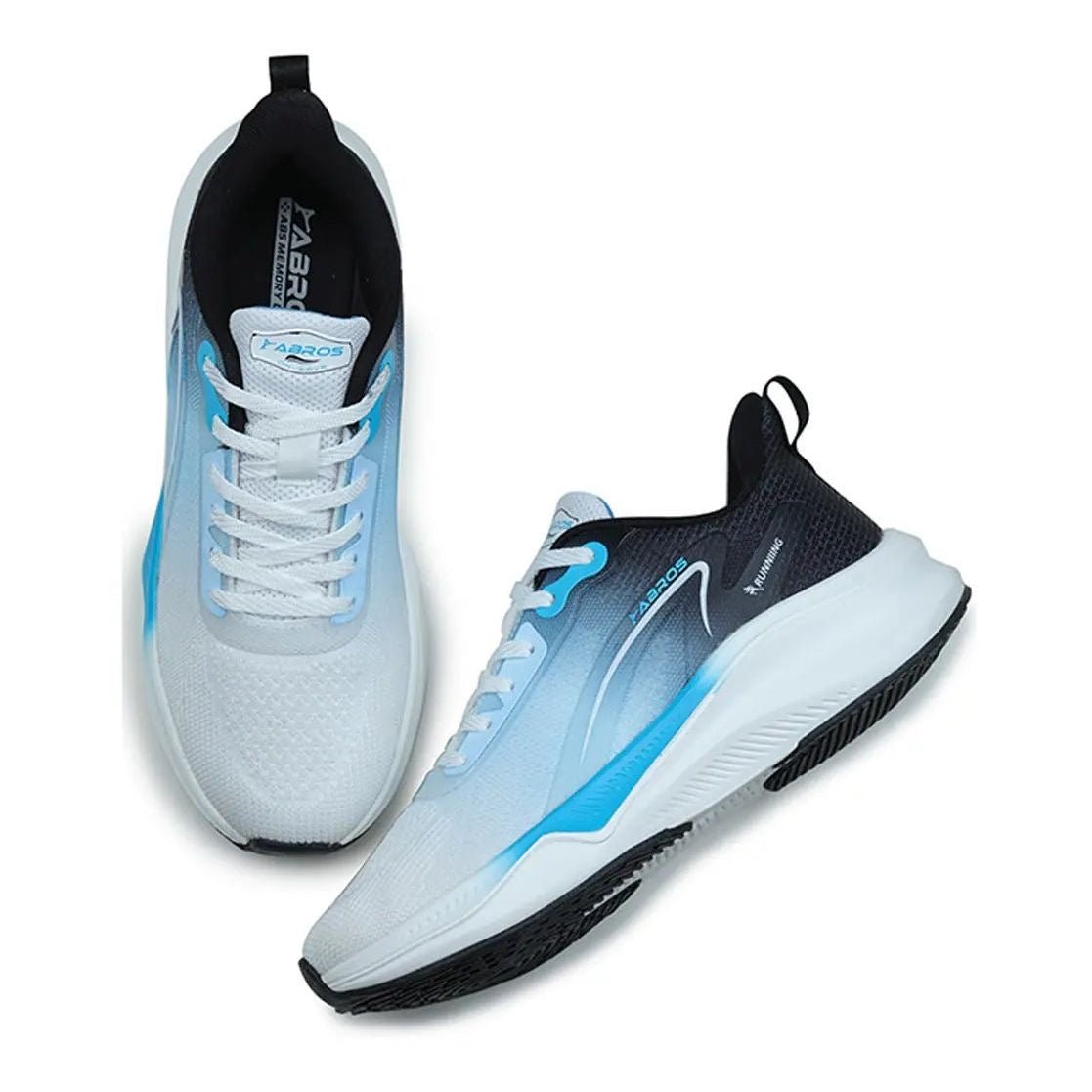 White running shoes with a blue and black gradient design featuring a textured mesh upper and a thick white cushioned sole.