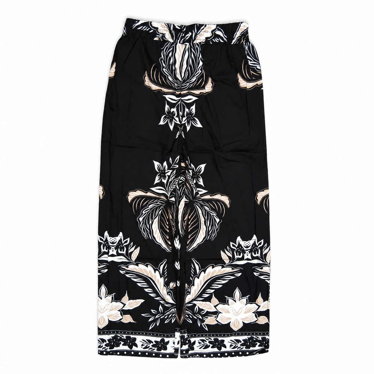 M&N women's black wide-leg pants with tropical floral print