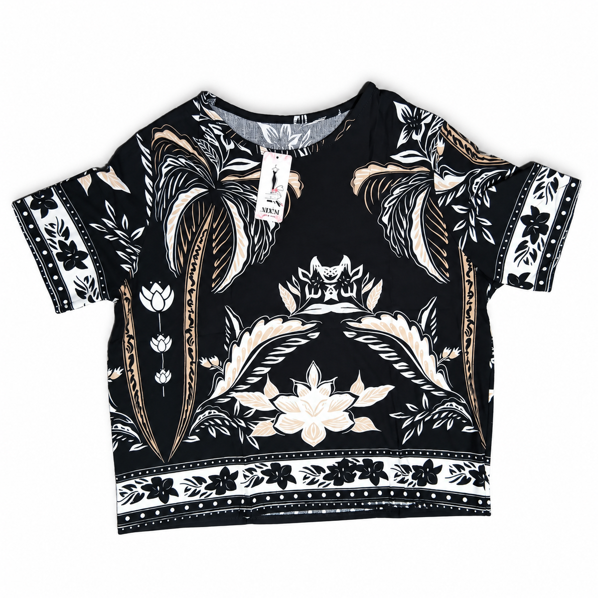 M&N women's black short-sleeve top with tropical palm tree design