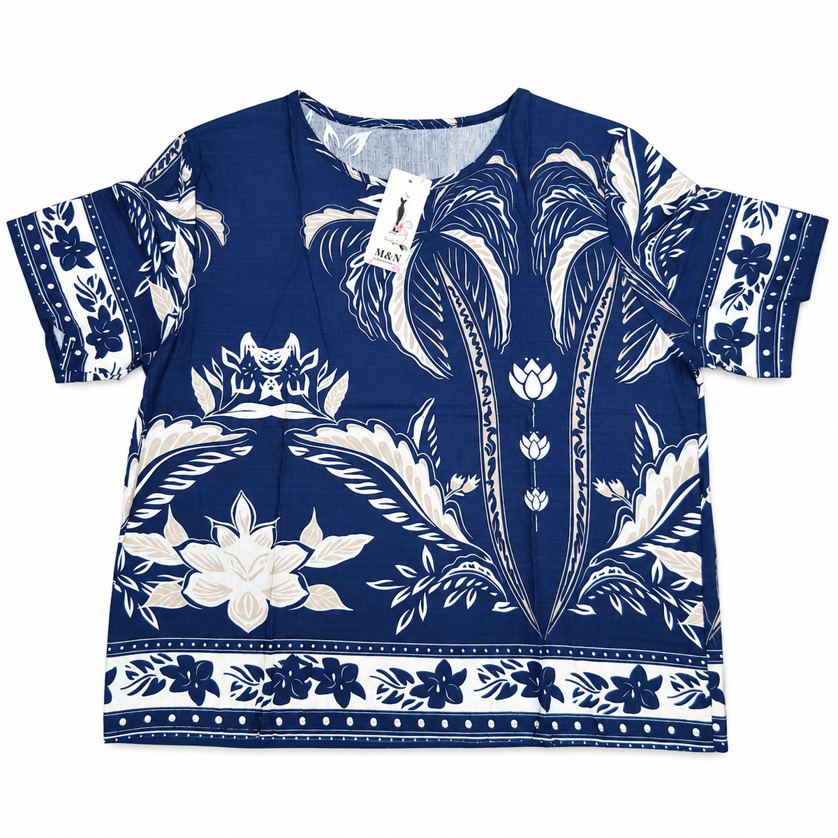 M&N women's blue short-sleeve top with tropical palm tree design