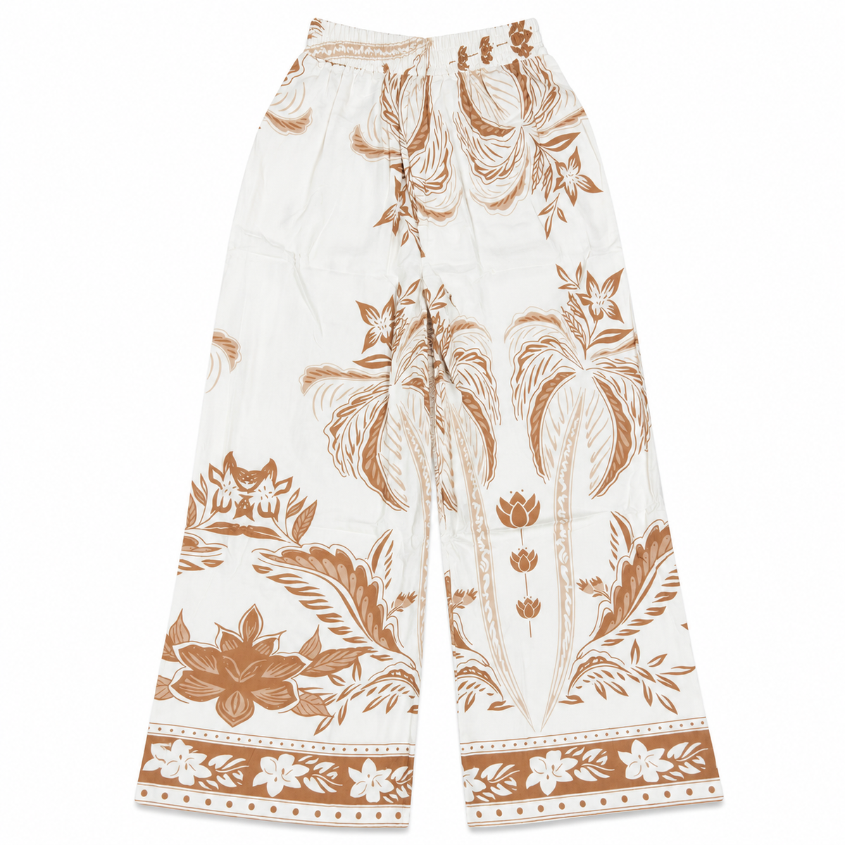 M&N women's printed wide-leg pants with brown tropical palm tree pattern