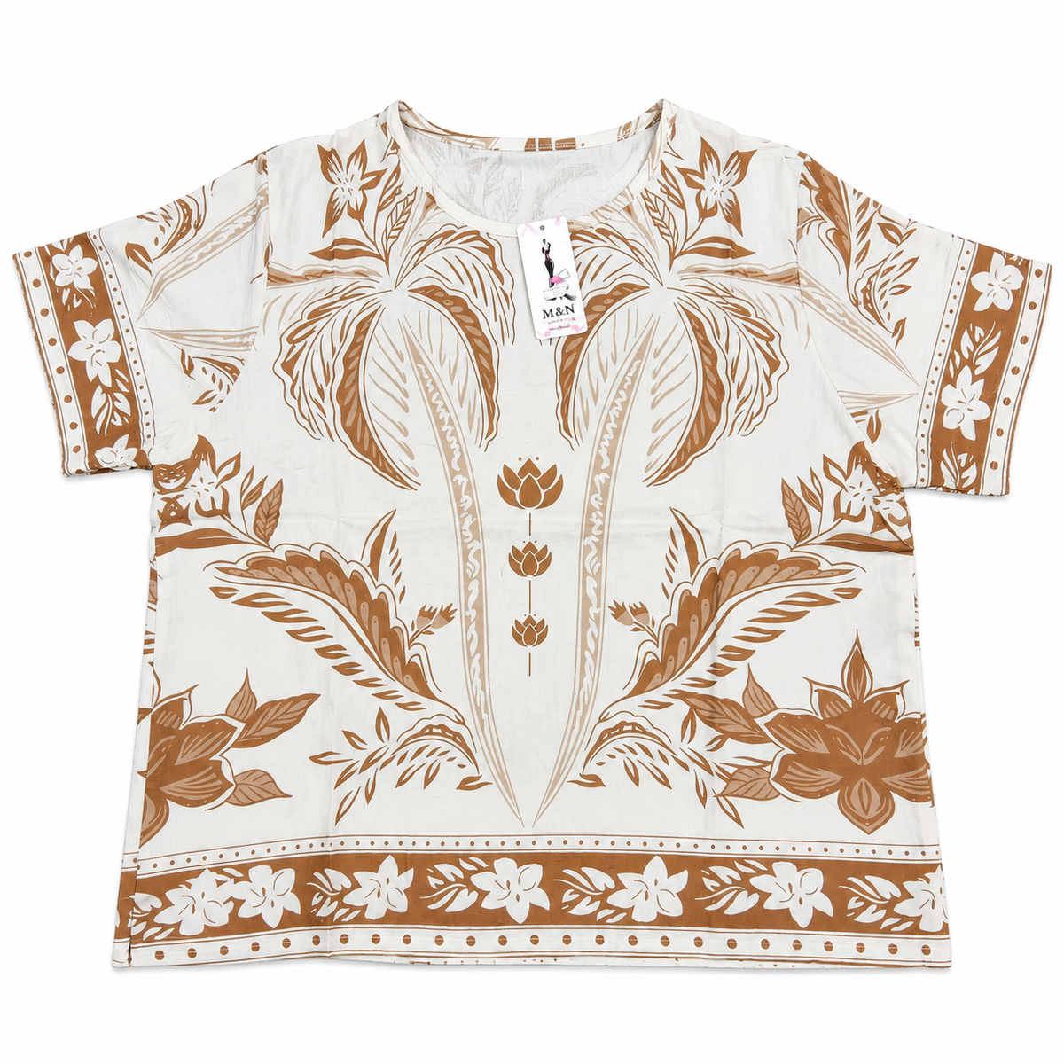 M&N women's short-sleeve crewneck top with brown tropical print