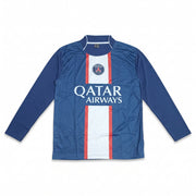Paris Saint-Germain long sleeve blue football jersey with team crest and Qatar Airways logo