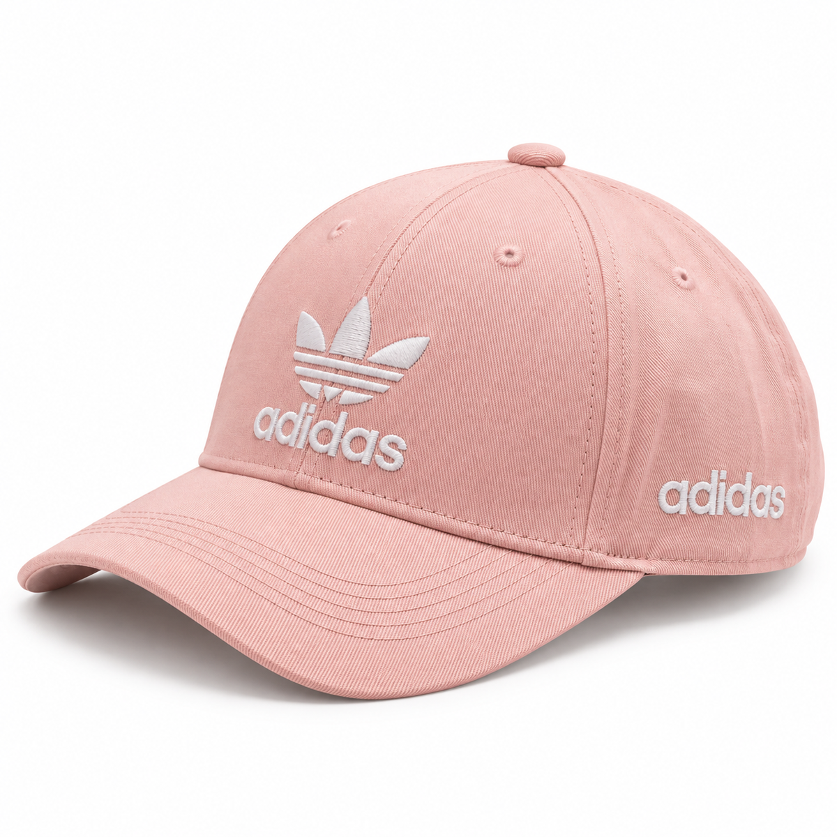 Pink baseball cap with white embroidered logo-style graphic and curved brim