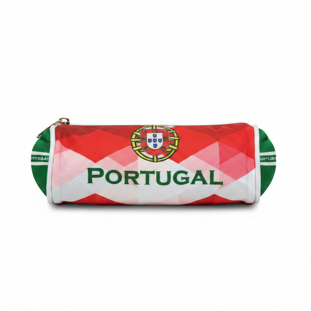 Multicolor Portugal national football team theme cylindrical pencil case with white zipper closure