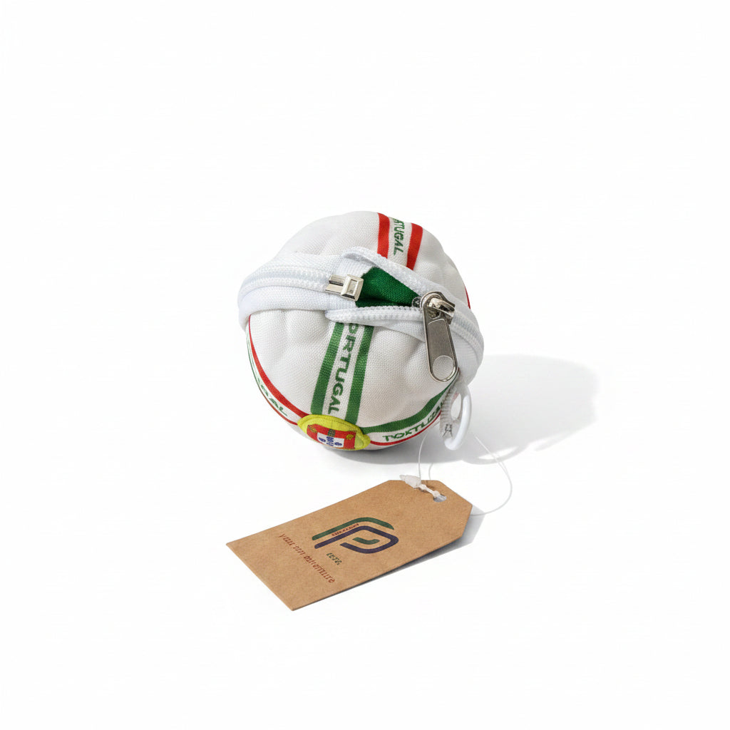 Angled view of a multicolor Portugal football theme round pouch showing zipper details and brown paper tag