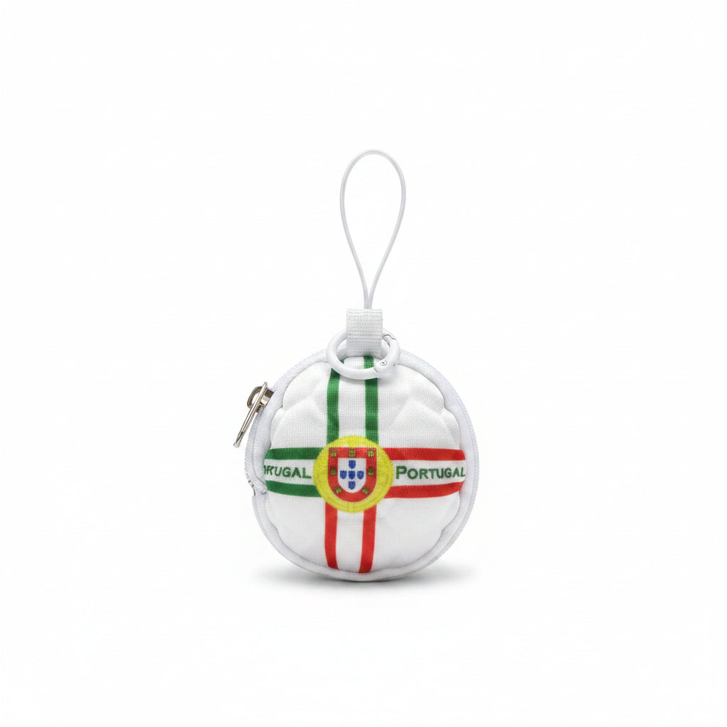 Front view of a multicolor Portugal football theme round coin pouch with attached hanging loop