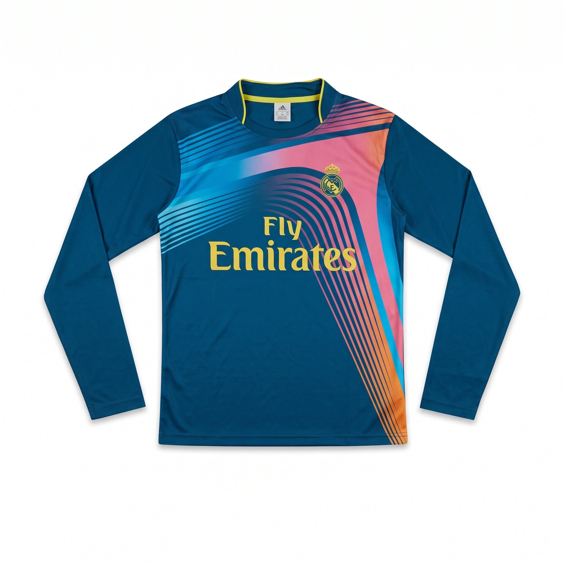 Real Madrid long sleeve teal football jersey with graphic wave print and Fly Emirates logo