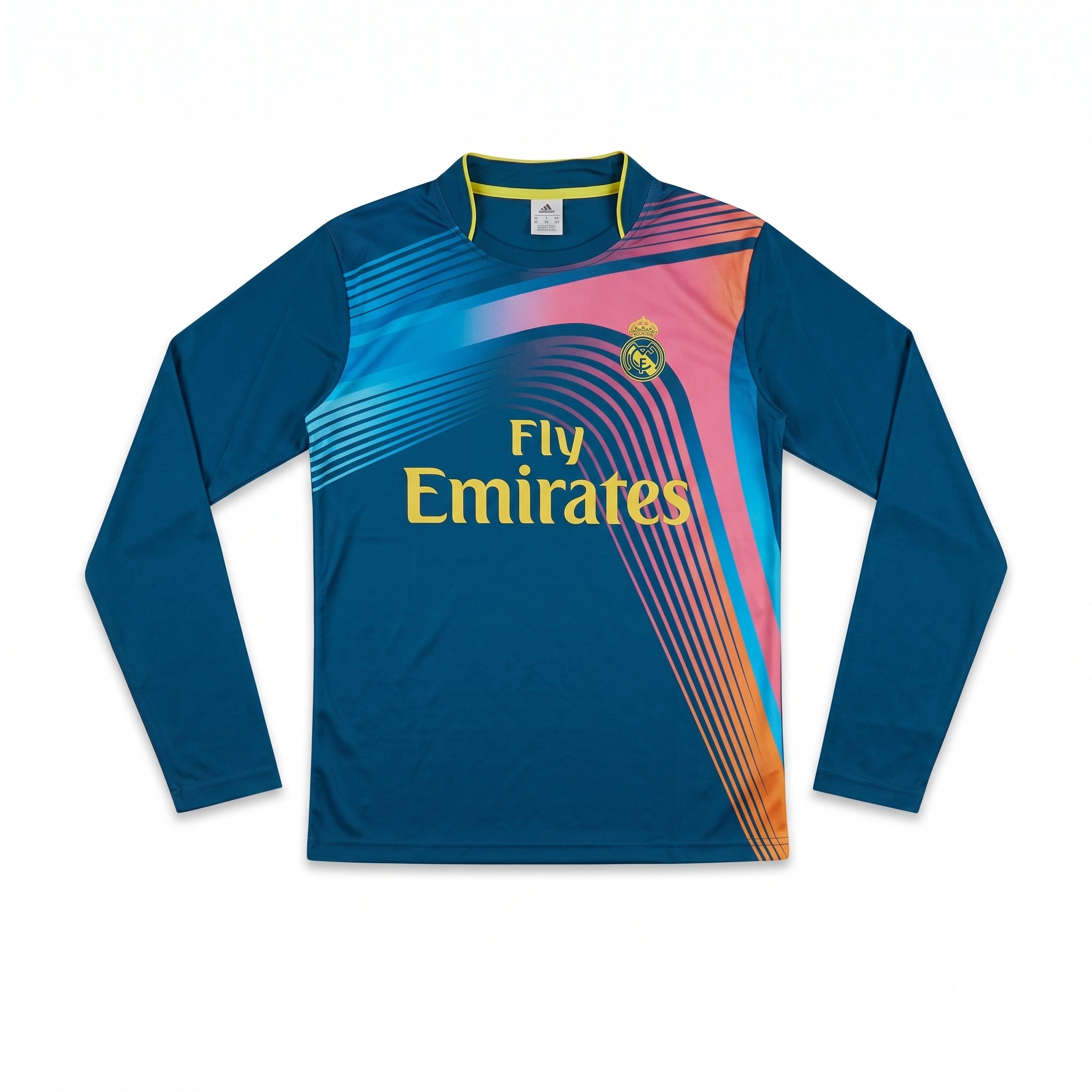 Real Madrid long sleeve teal football jersey with graphic wave print and Fly Emirates logo