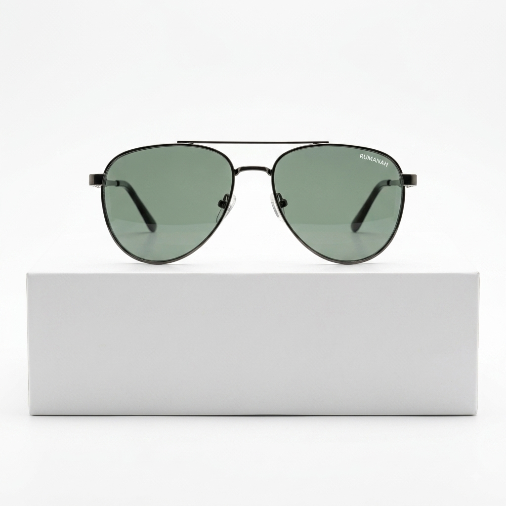 Front view of RUMANAH classic metal aviator sunglasses with tinted lenses