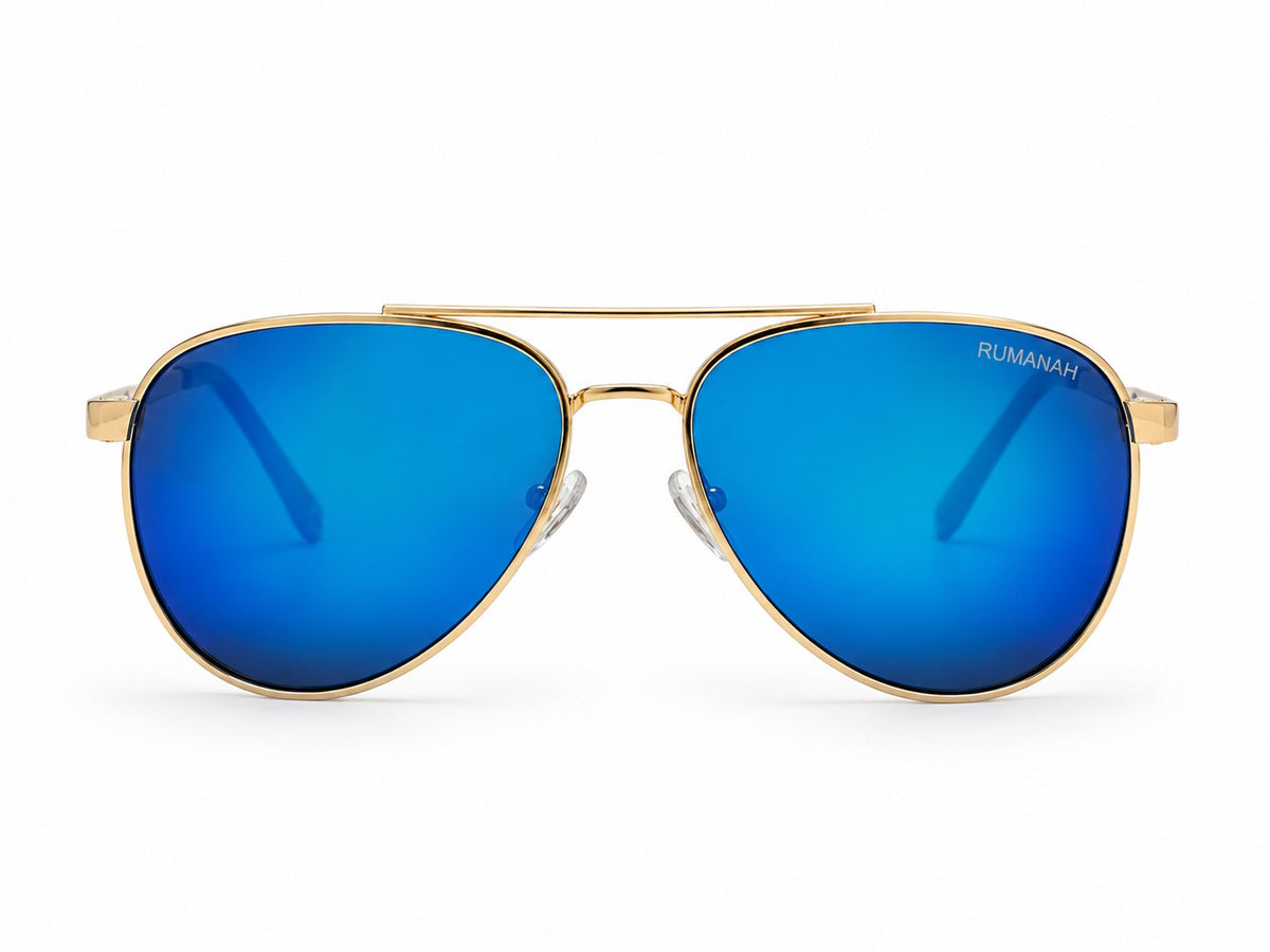 RUMANAH gold frame aviator sunglasses with blue lenses front view showing double bridge and brand logo