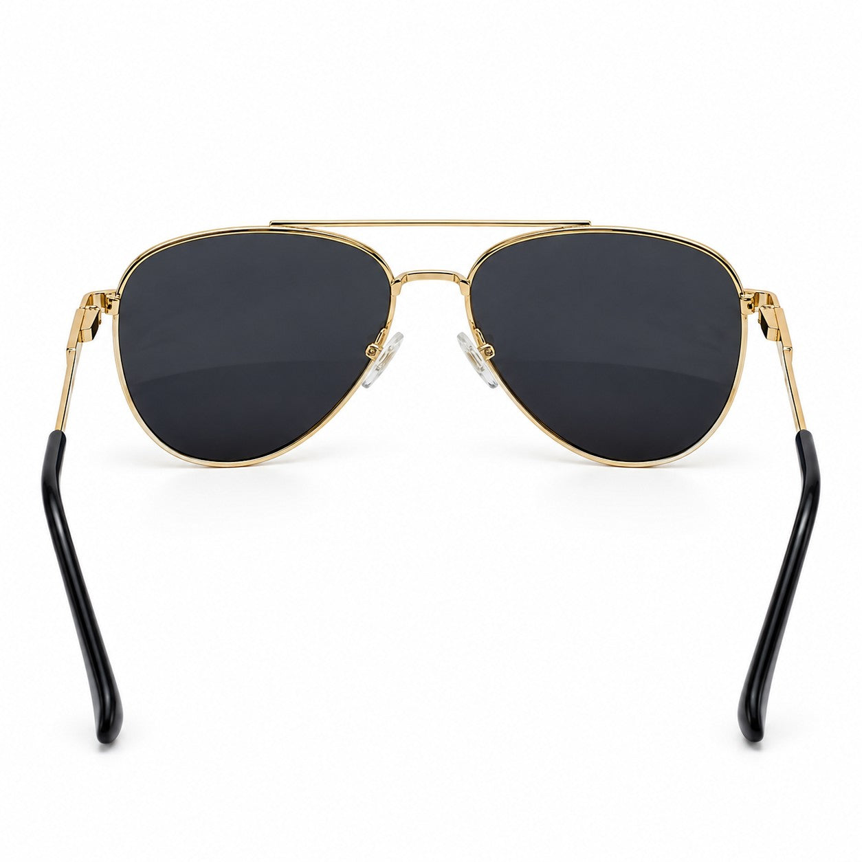 RUMANAH gold frame aviator sunglasses with blue lenses rear view showing black temple tips and adjustable nose pads