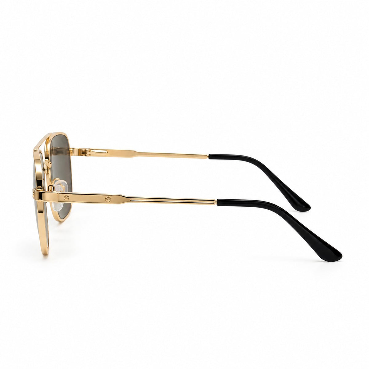 RUMANAH gold frame aviator sunglasses with blue lenses side view showing metallic temples and frame hinge details