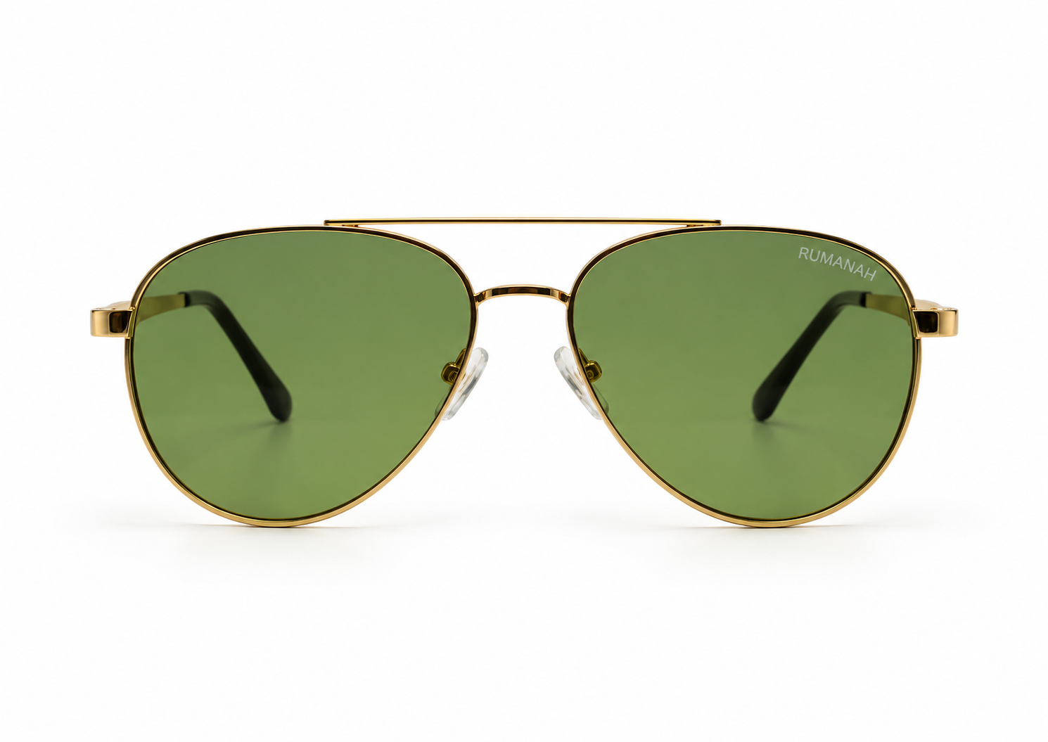 RUMANAH gold frame aviator sunglasses with green lenses front view showing double bridge and RUMANAH brand logo