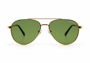 RUMANAH gold frame aviator sunglasses with green lenses front view showing double bridge and RUMANAH brand logo