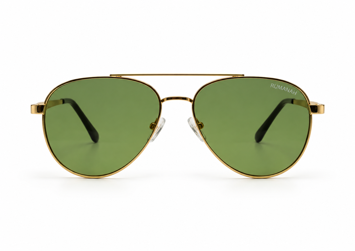 RUMANAH gold frame aviator sunglasses with green lenses front view showing double bridge and RUMANAH brand logo