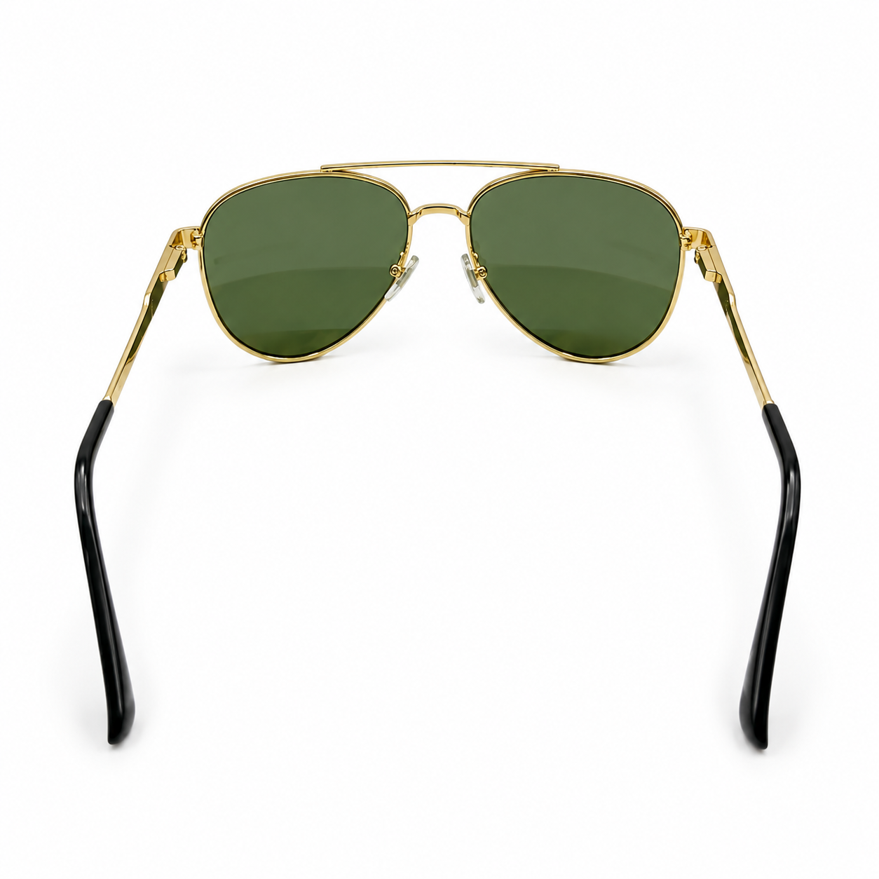 RUMANAH gold frame aviator sunglasses with green lenses rear perspective view showing temples and nose pads