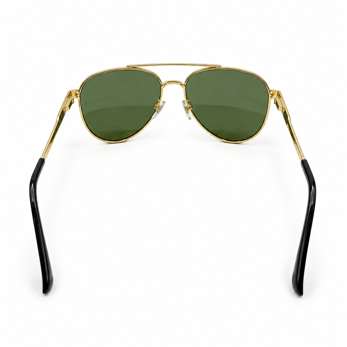 RUMANAH gold frame aviator sunglasses with green lenses rear perspective view showing temples and nose pads