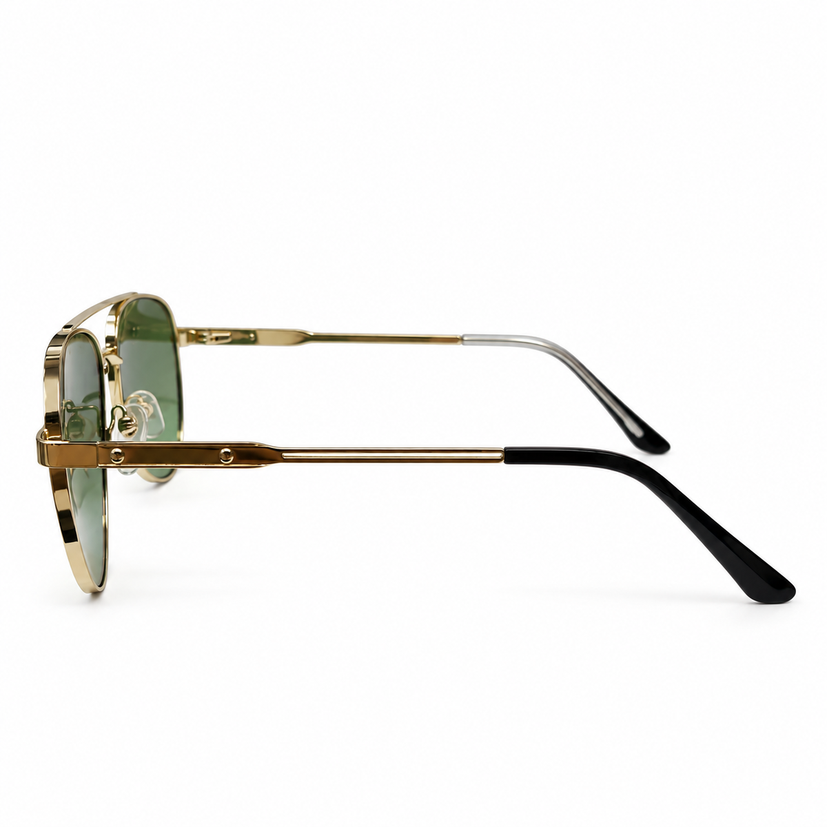 RUMANAH gold frame aviator sunglasses with green lenses side profile view highlighting double bridge and hinge details