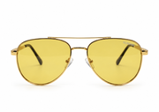 RUMANAH gold frame aviator sunglasses with yellow lenses front view displaying double bridge and brand logo