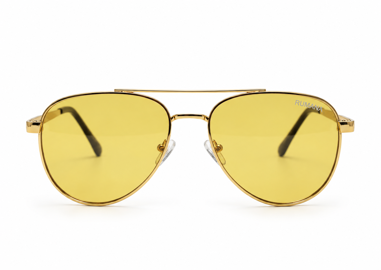 RUMANAH gold frame aviator sunglasses with yellow lenses front view displaying double bridge and brand logo