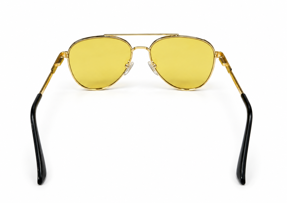 RUMANAH gold frame aviator sunglasses with yellow lenses back view showing temple arms