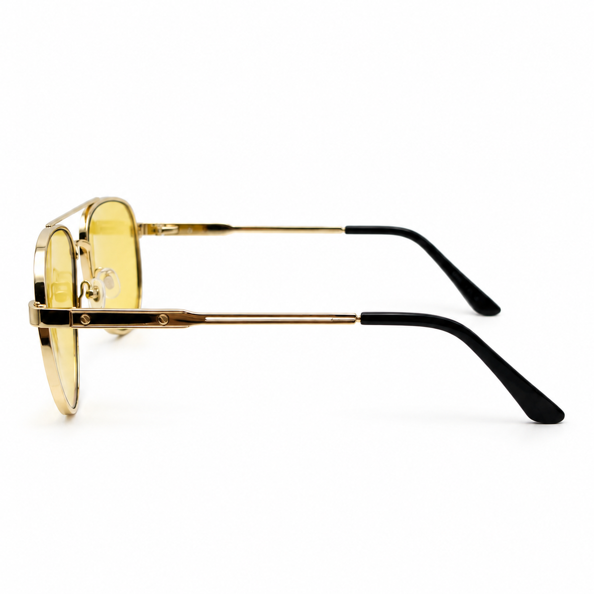 RUMANAH gold frame aviator sunglasses with yellow lenses side view showing slim metal frame details
