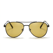 RUMANAH gunmetal frame aviator sunglasses with yellow lenses front view displaying double bridge and brand logo