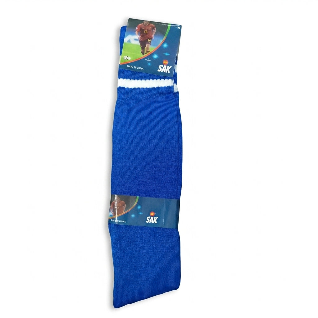 A single royal blue athletic sock with white trim, packaged with a cardboard header card featuring the brand name SAK.