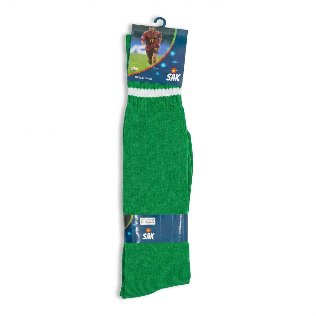 A single green athletic sock in retail packaging with a hanger, featuring a white ribbed band near the cuff and a blue SAQ brand label.