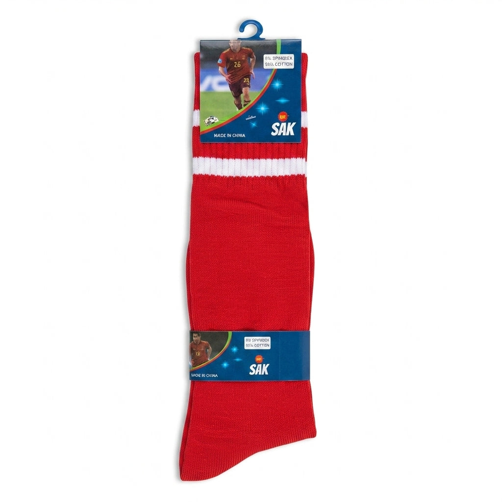 A pair of red crew socks with a white horizontal stripe near the top, packaged on a blue hanger card with SAK branding.