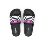Top view of a pair of black Sea World sport slide sandals featuring white chevron stripes and a pink textured panel with the word Sport.