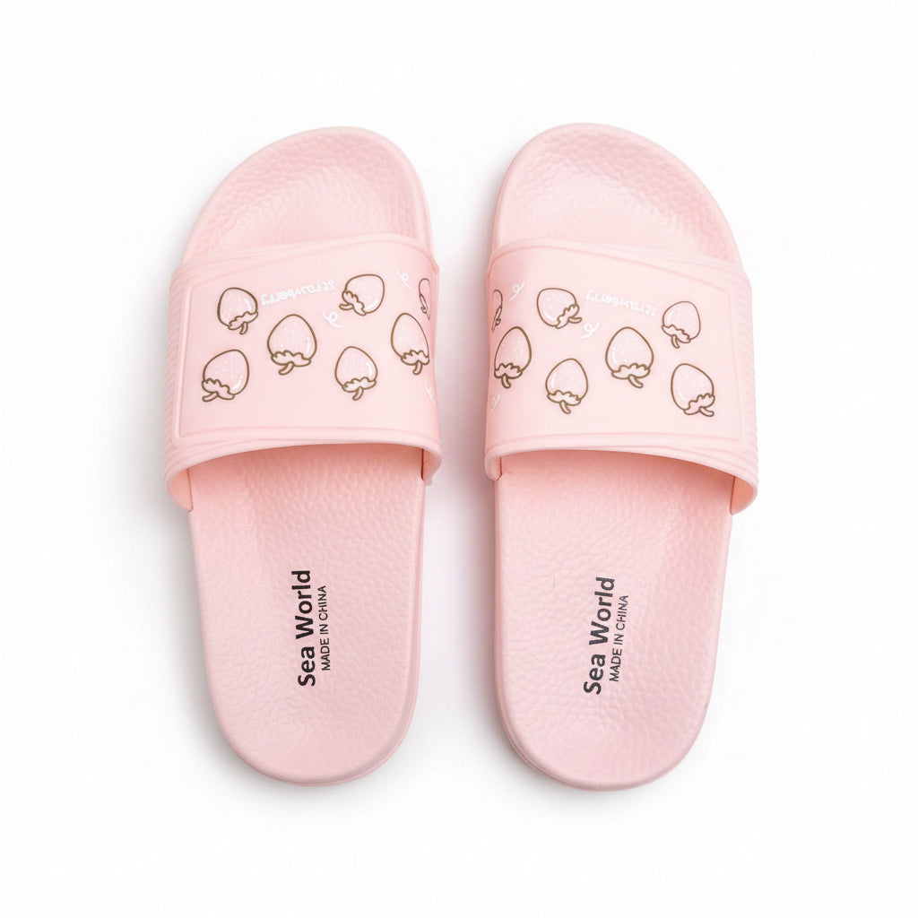 Pastel pink comfortable slide sandals with strawberry graphic print for women.