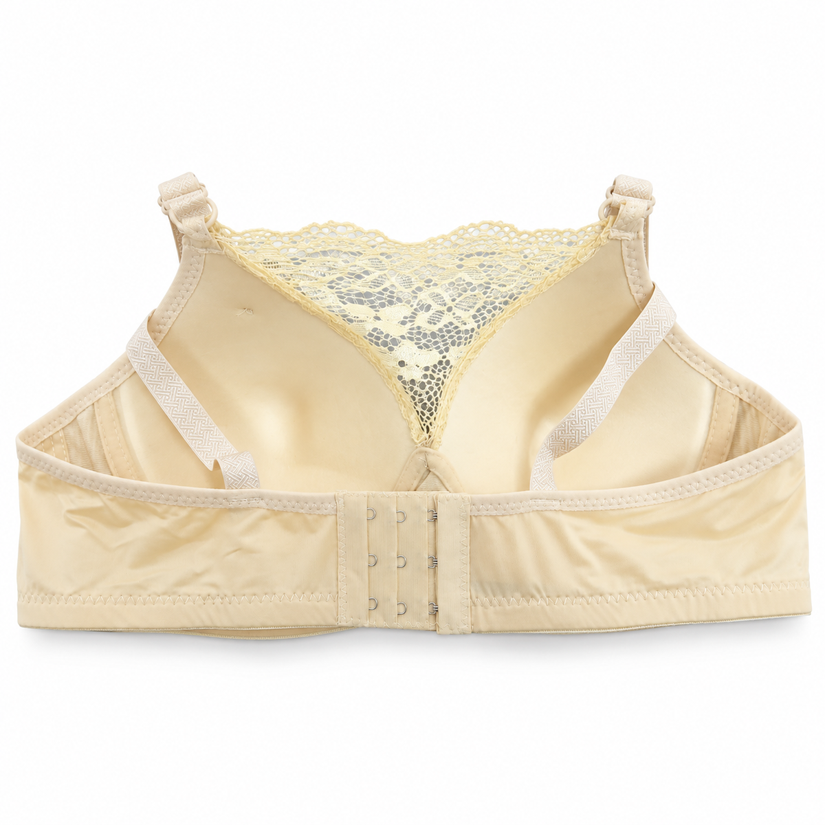 Back view of Shifangce women's beige lace padded bra with adjustable straps and hook-and-eye closure