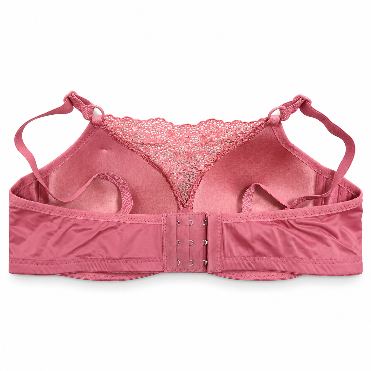 Back view of Shifangce women's coral pink lace padded bra with adjustable straps and hook-and-eye closure