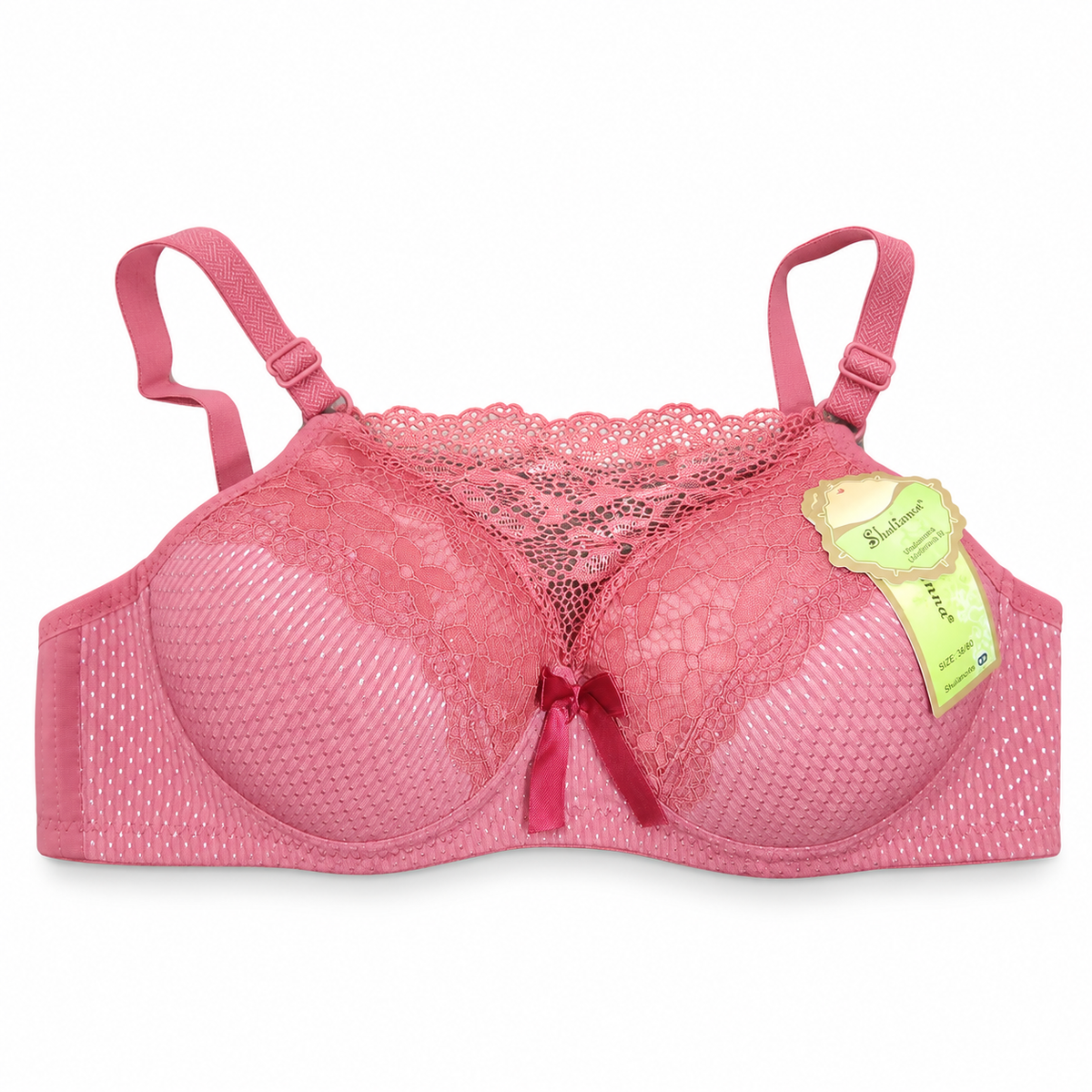 Front view of Shifangce women's coral pink padded bra with floral lace detailing and adjustable straps