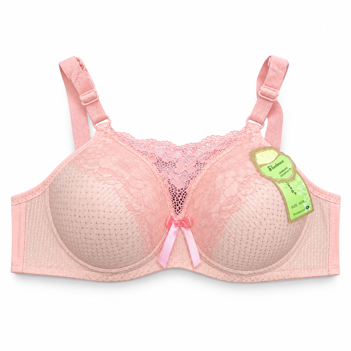 Front view of Shifangce women's light pink padded bra with floral lace detailing and adjustable straps