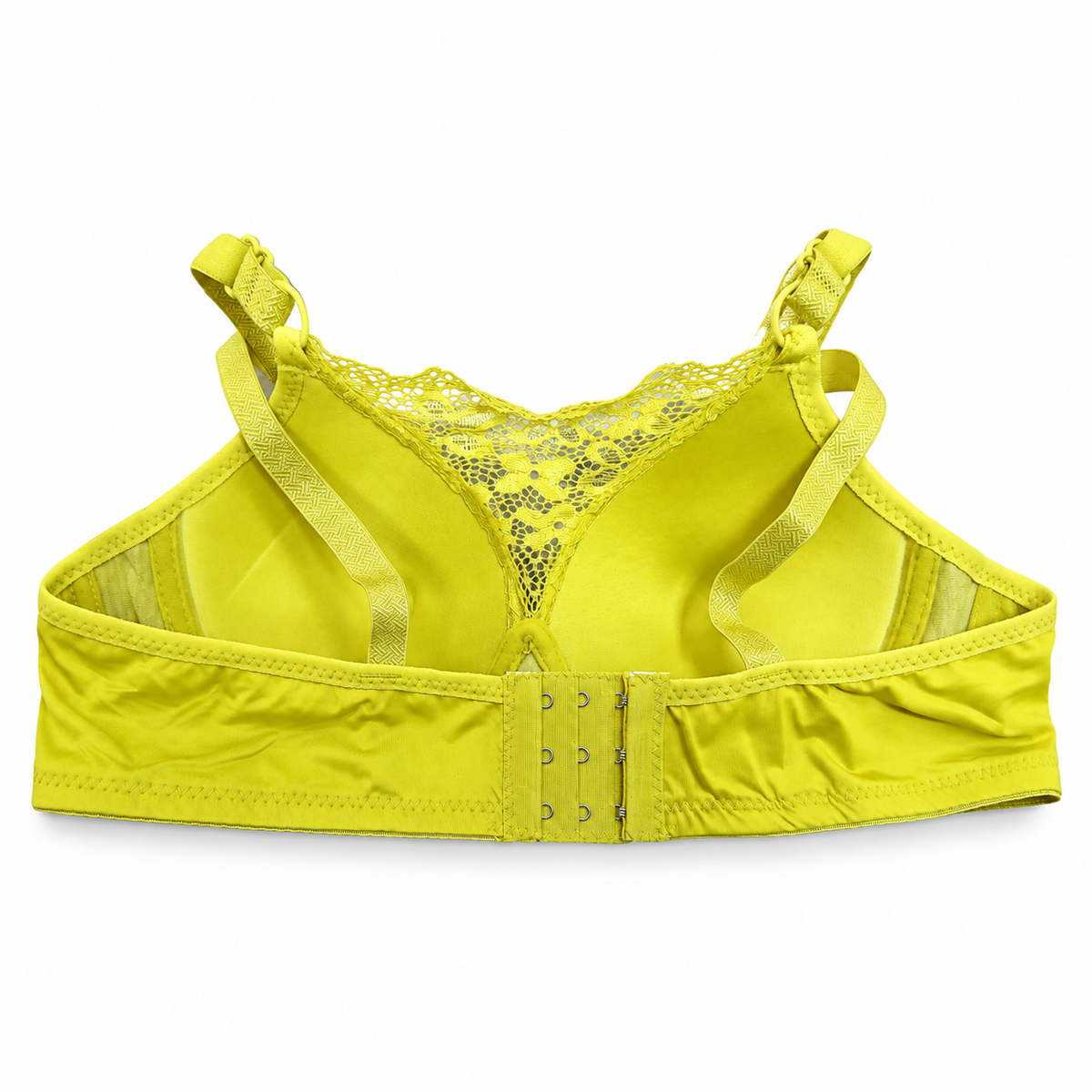 Back view of Shifangce women's lime yellow lace padded bra with adjustable straps and hook-and-eye closure