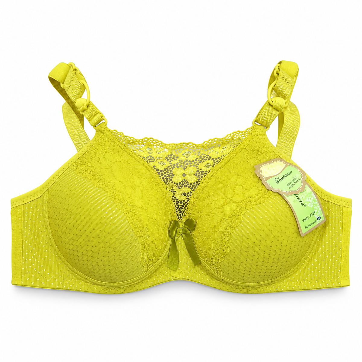Front view of Shifangce women's lime yellow padded bra with floral lace detailing and adjustable straps