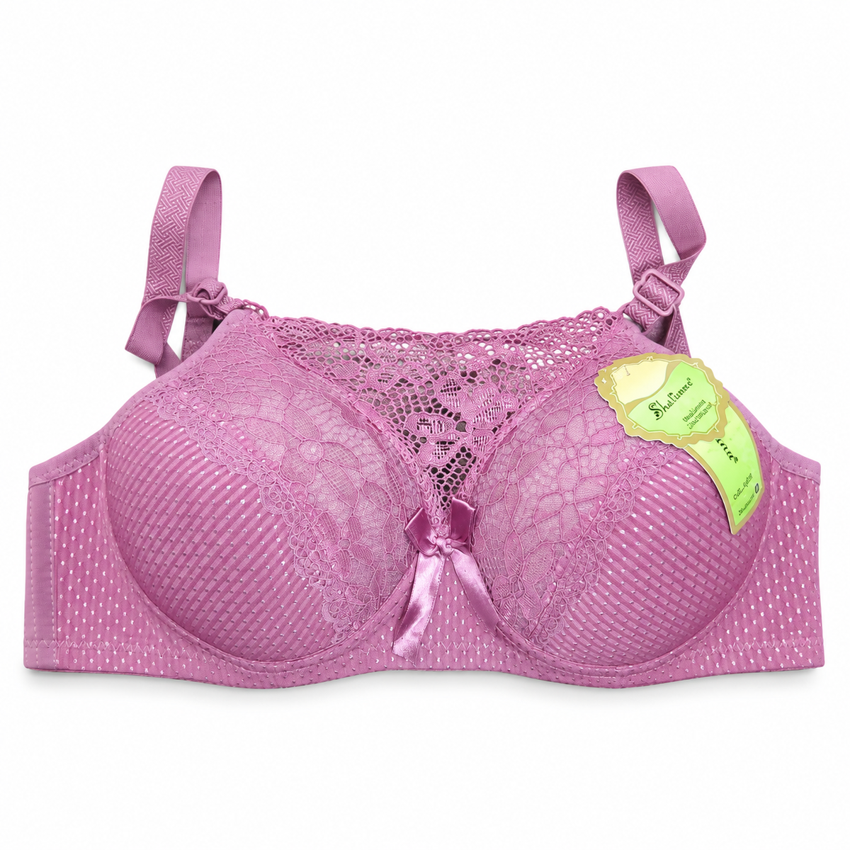 Front view of Shifangce women's mauve pink padded bra with floral lace detailing and adjustable straps