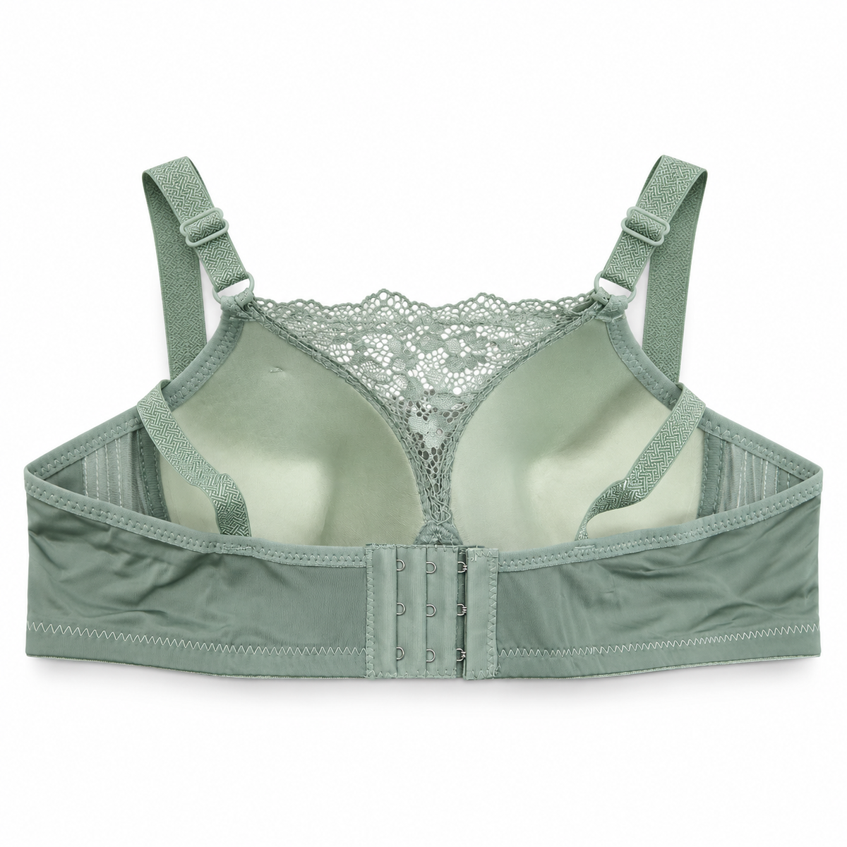 Back view of Shifangce women's sage green lace padded bra with adjustable straps and hook-and-eye closure