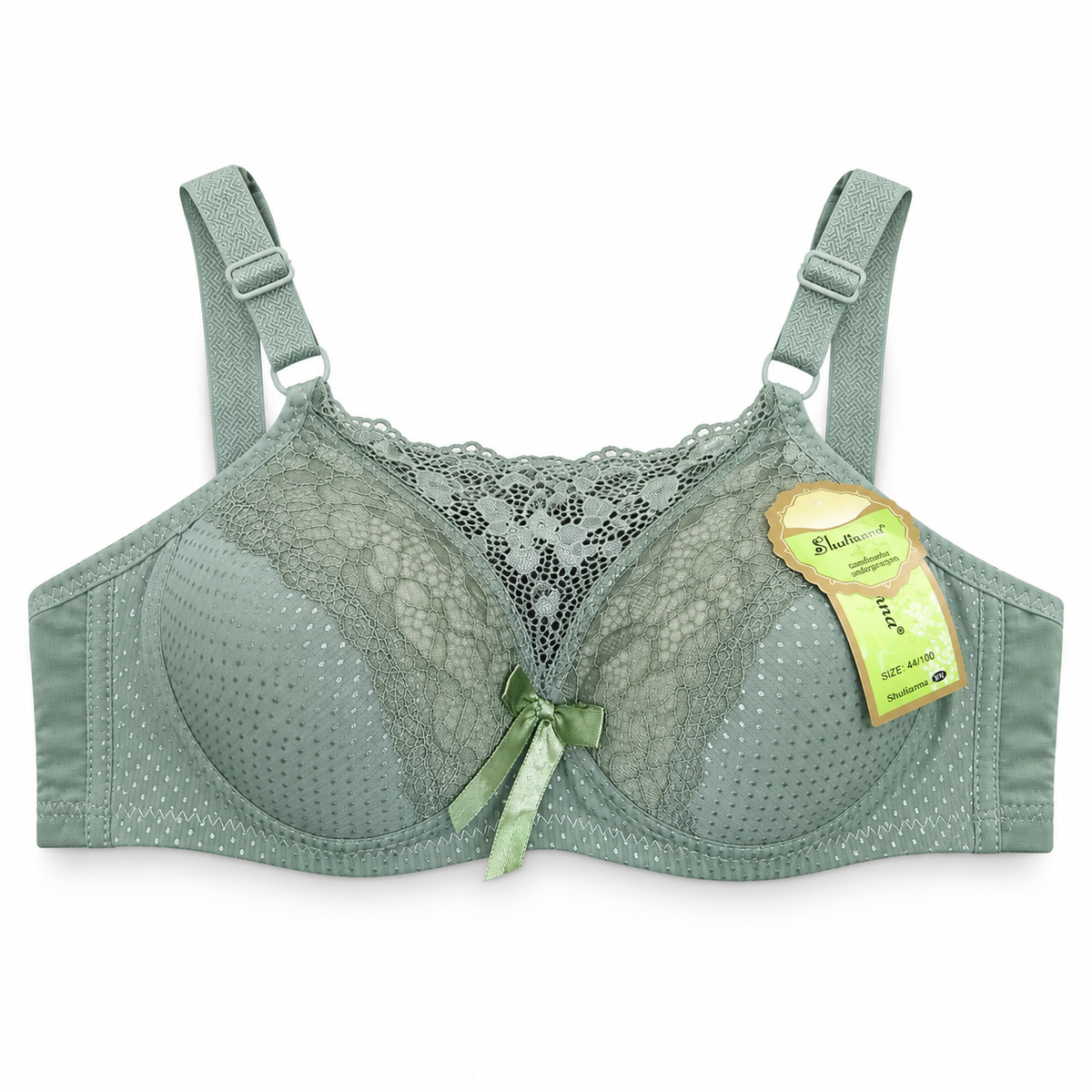 Front view of Shifangce women's sage green padded bra with floral lace detailing and satin bow