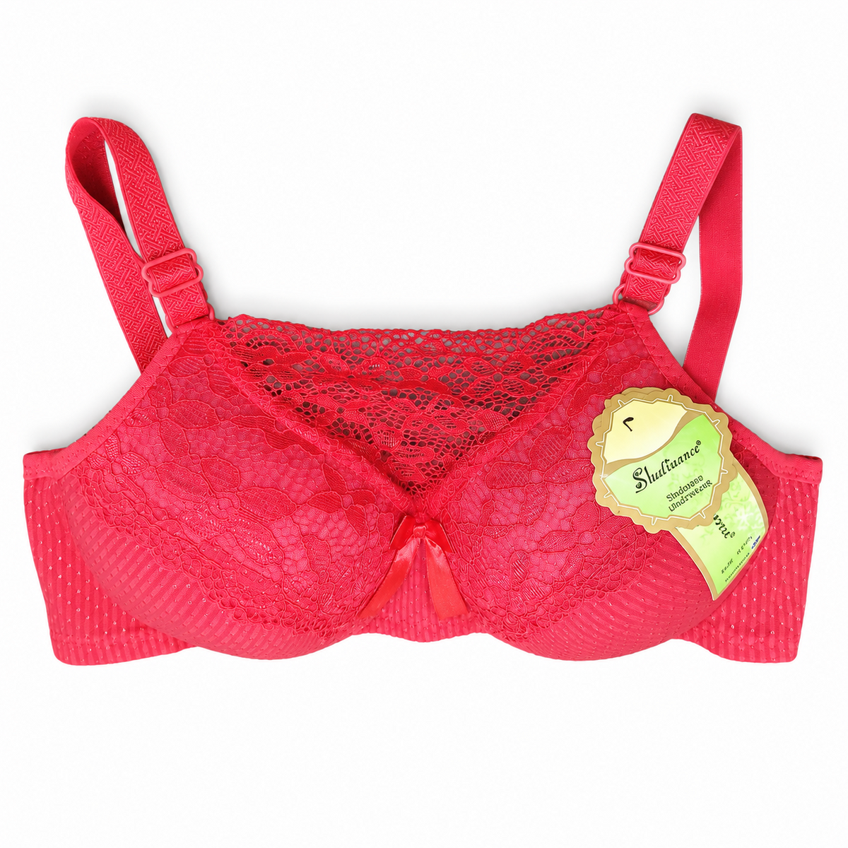 Front view of Shifangce women's red padded bra with floral lace cups and adjustable straps
