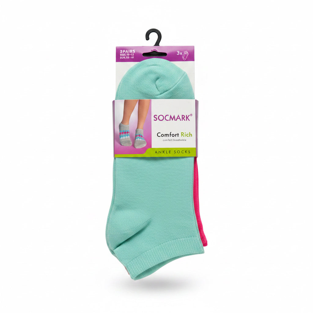Pack of green ankle socks with pink accents on a white background