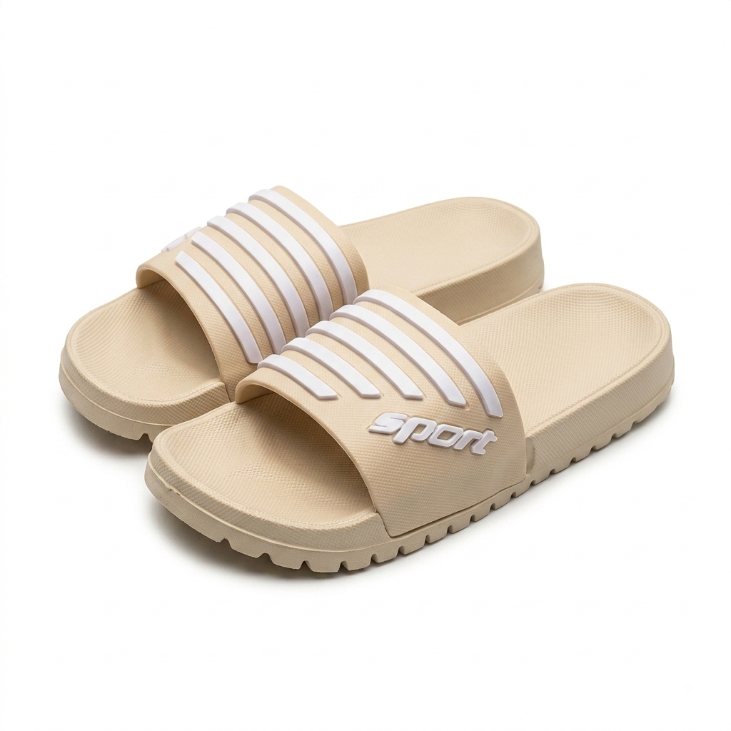 A pair of beige slide sandals with white parallel stripes on the straps and a white 'sport' logo on the side, shown on a clean white background.