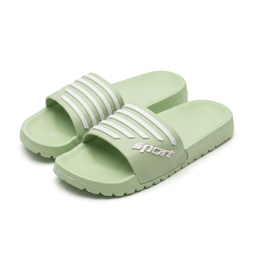 A pair of light green slide sandals with white decorative stripes on the straps and a white 'sport' logo on the side, shown on a clean white background.