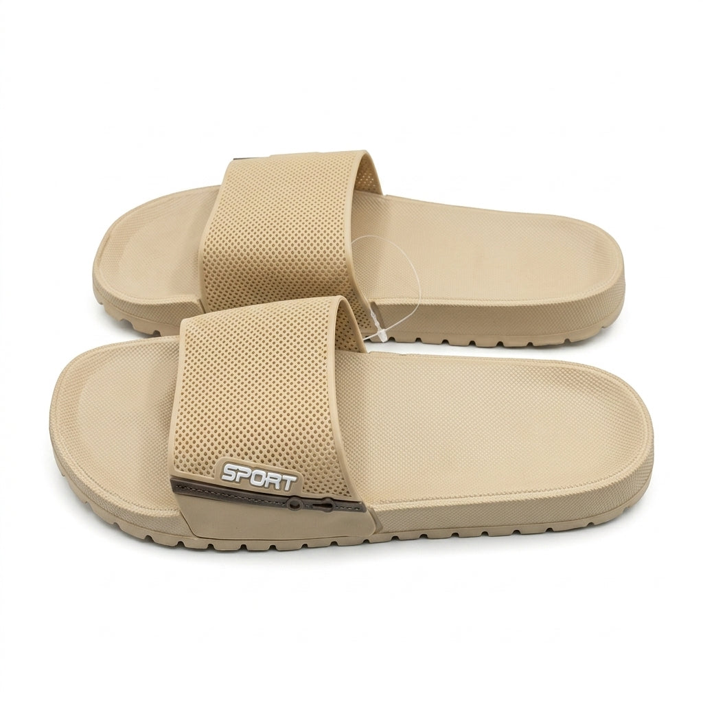 Pair of beige sport texture wide strap slide sandals with sport side logo