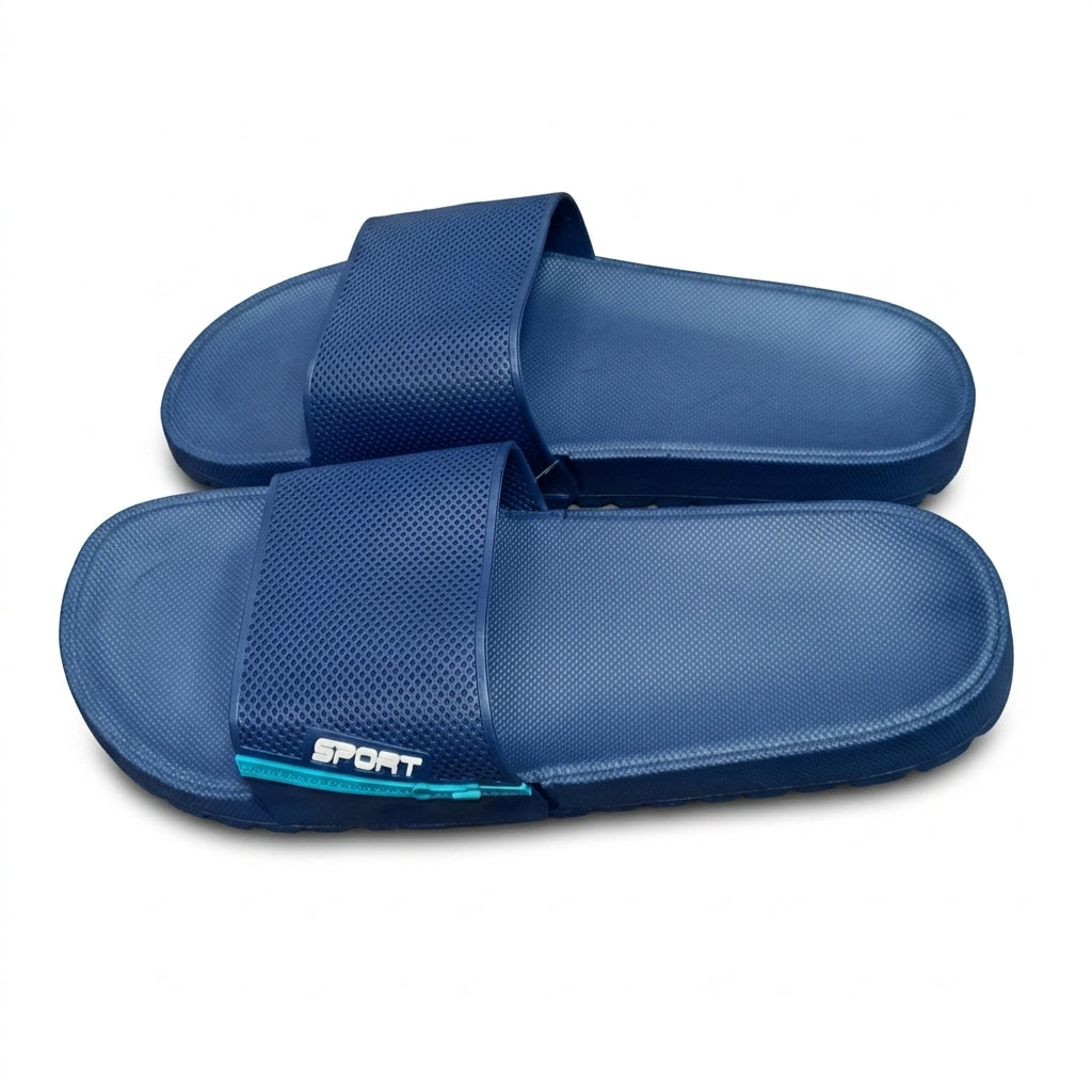 Pair of blue sport texture wide strap slide sandals
